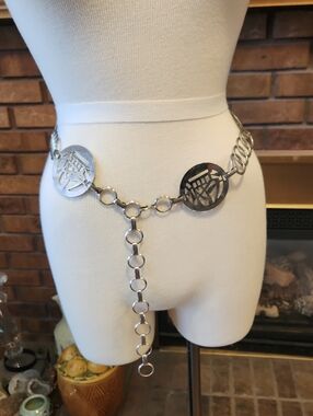 Silver Chain Link Waist Belt with Decorative Discs Adjustable Length Festival